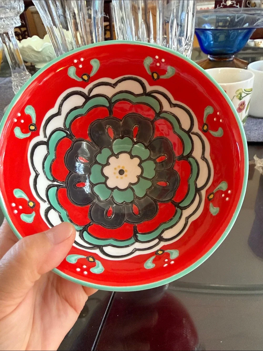 Anthropologie Red and Mint Hand-Painted Ceramic Serving Bowl